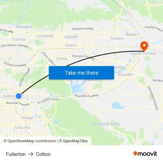 Fullerton to Colton map