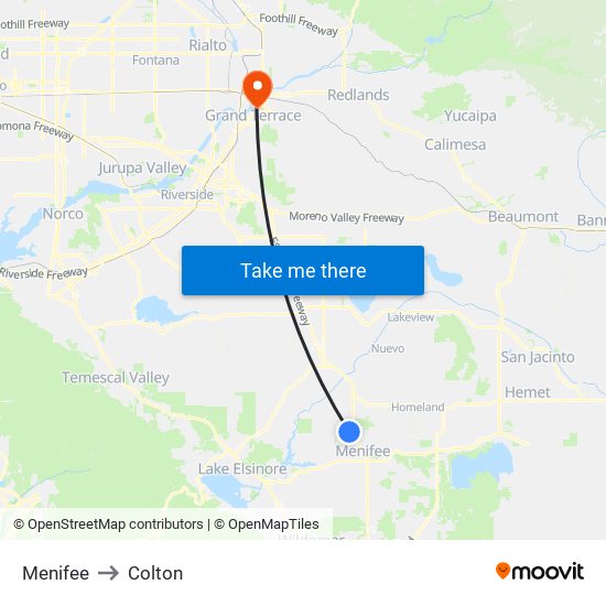 Menifee to Colton map