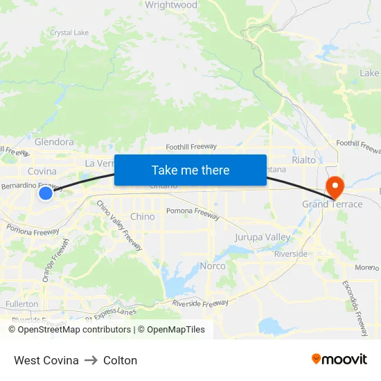 West Covina to Colton map