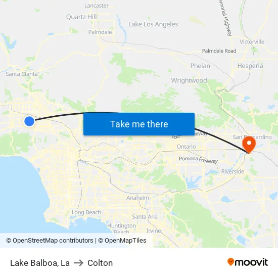 Lake Balboa to Colton map