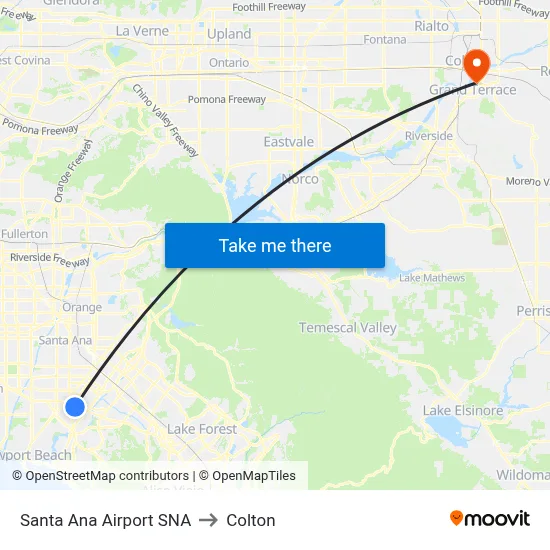 Santa Ana Airport SNA to Colton map