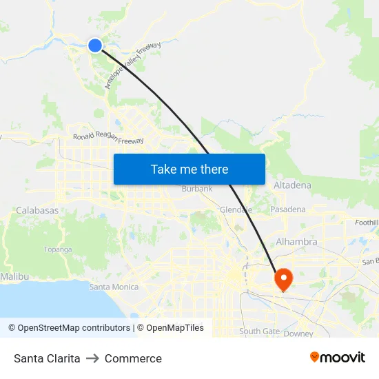 Santa Clarita to Commerce map