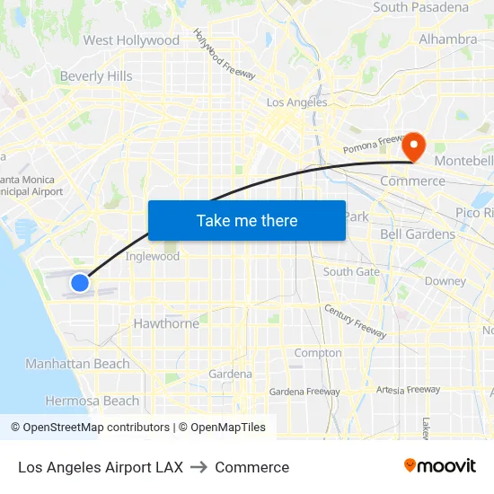 Los Angeles Airport LAX to Commerce map