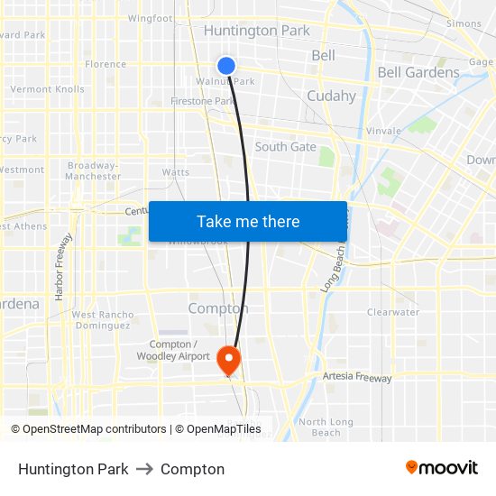 Huntington Park to Compton map