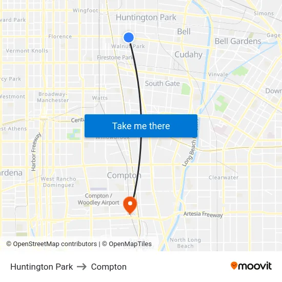 Huntington Park to Compton map