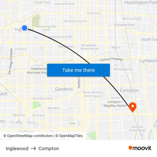 Inglewood to Compton map