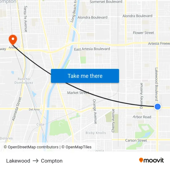 Lakewood to Compton map