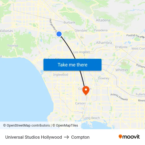 Universal Studios Hollywood to Compton map