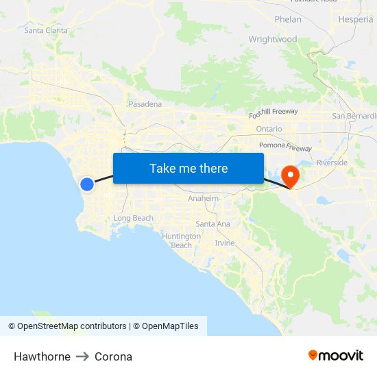 Hawthorne to Corona map