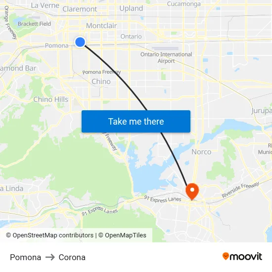 Pomona to Corona map