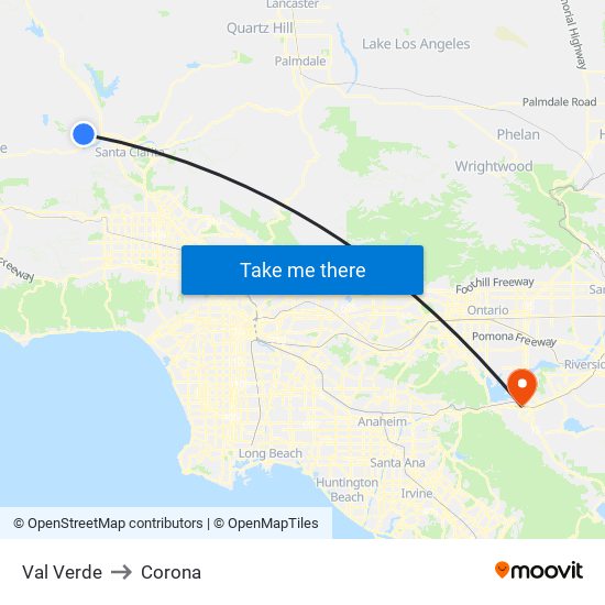 Val Verde to Corona map