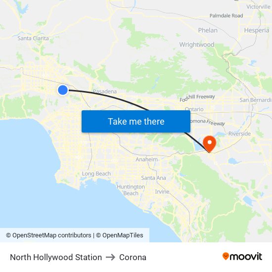 North Hollywood Station to Corona map