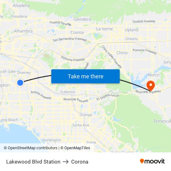 Lakewood Blvd Station to Corona map