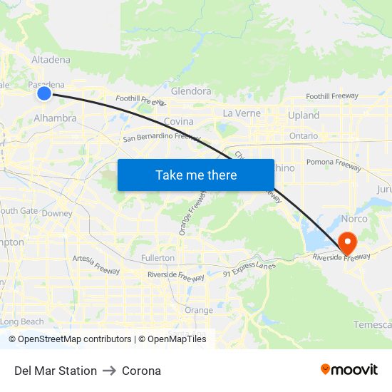 Del Mar Station to Corona map