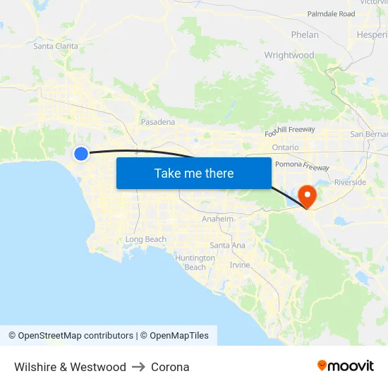 Wilshire & Westwood to Corona map