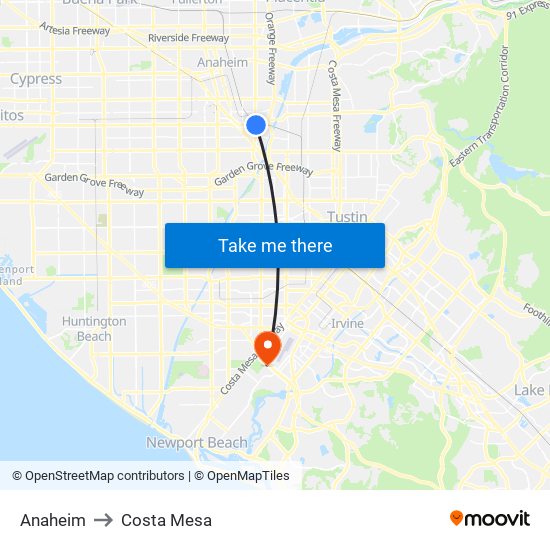 Anaheim to Costa Mesa map