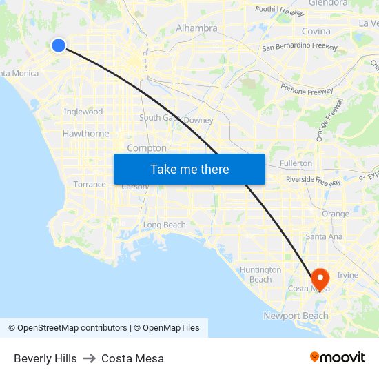 Beverly Hills to Costa Mesa map