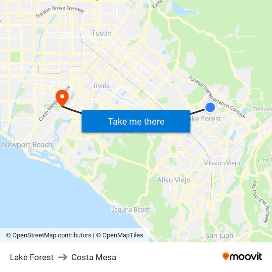 Lake Forest to Costa Mesa map