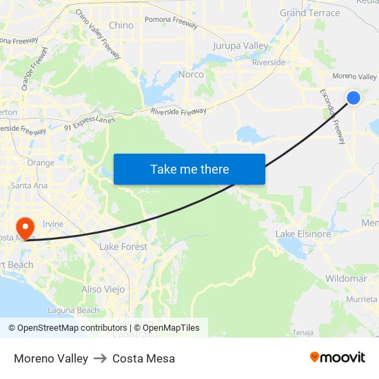 Moreno Valley to Costa Mesa map