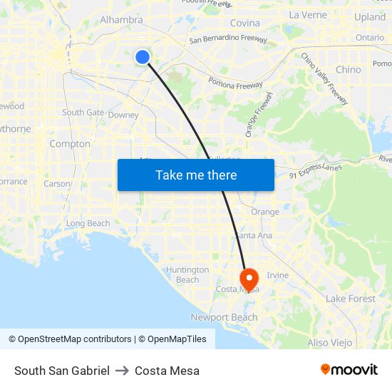 South San Gabriel to Costa Mesa map