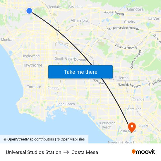 Universal Studios Station to Costa Mesa map