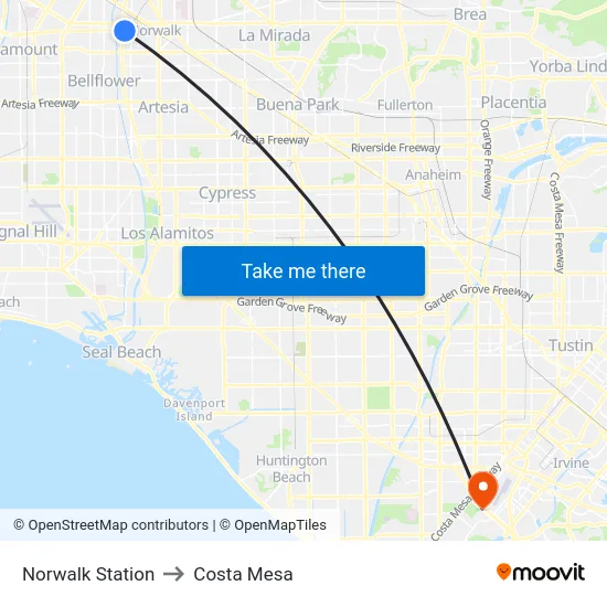 Norwalk Station to Costa Mesa map