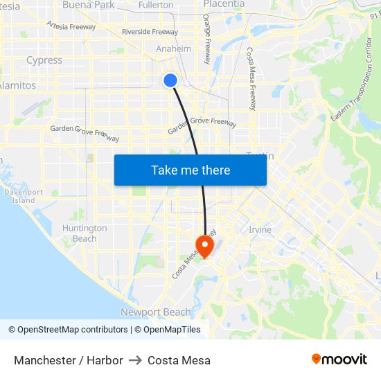 Manchester / Harbor to Costa Mesa map