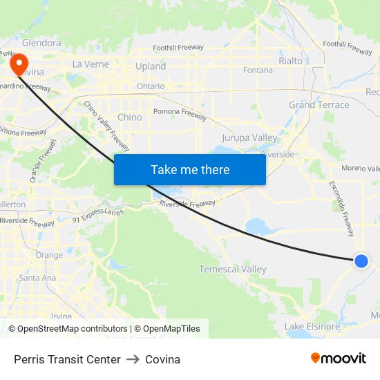 Perris Transit Center to Covina map