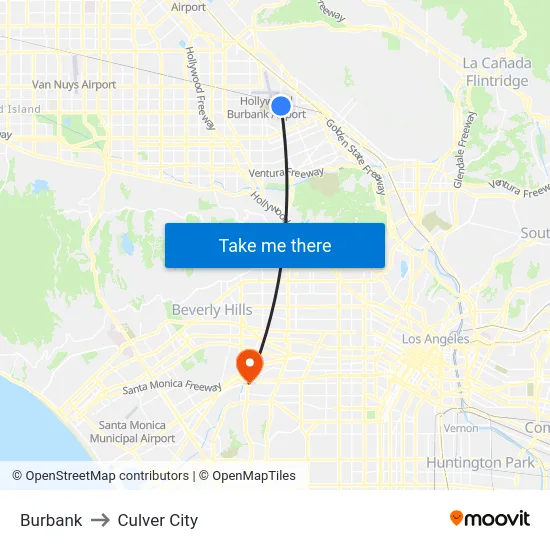 Burbank to Culver City map