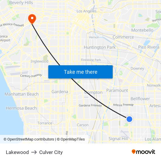 Lakewood to Culver City map