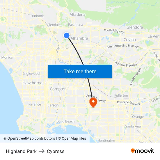 Highland Park to Cypress map