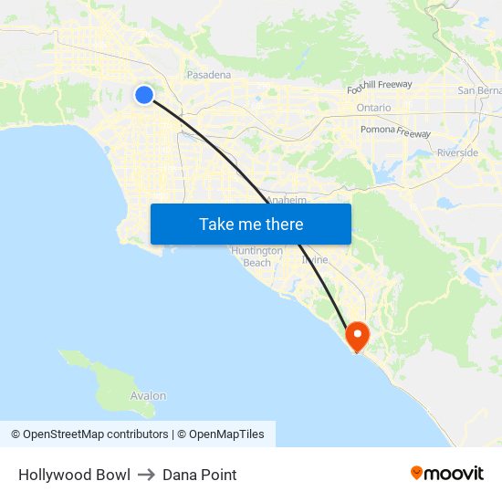 Hollywood Bowl to Dana Point map