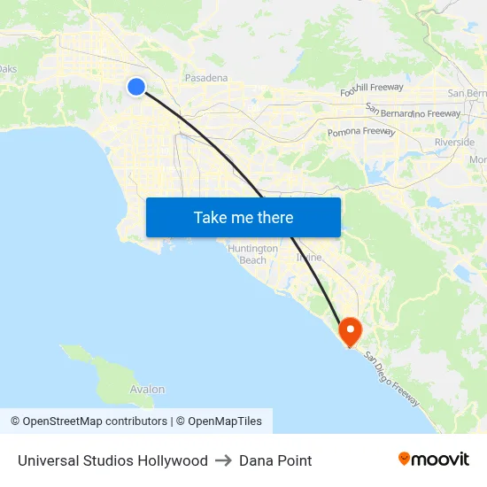 Universal Studios Hollywood to Dana Point map