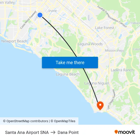 Santa Ana Airport SNA to Dana Point map