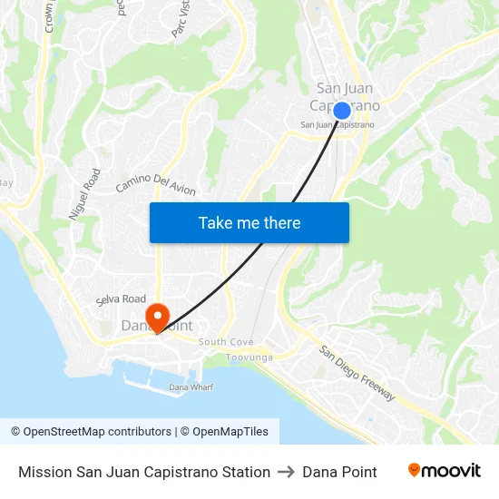 Mission San Juan Capistrano Station to Dana Point map