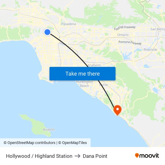 Hollywood / Highland Station to Dana Point map