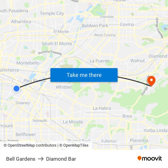 Bell Gardens to Diamond Bar map