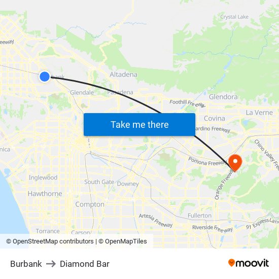 Burbank to Diamond Bar map