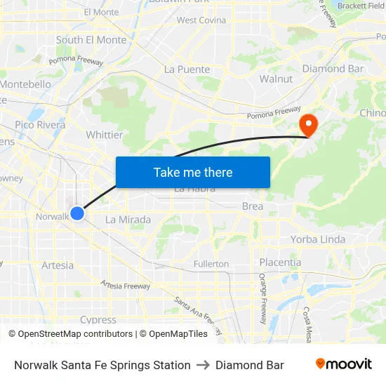 Norwalk Santa Fe Springs Station to Diamond Bar map