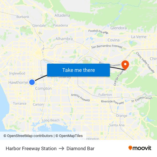 Harbor Freeway Station to Diamond Bar map