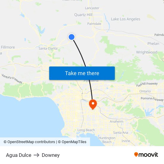 Agua Dulce to Downey map
