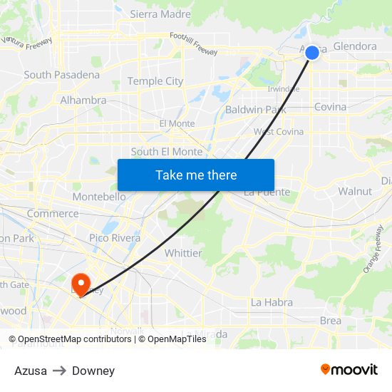 Azusa to Downey map
