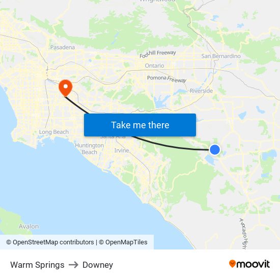 Warm Springs to Downey map