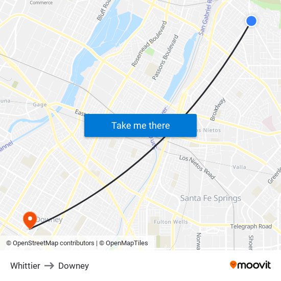 Whittier to Downey map