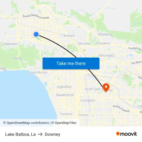 Lake Balboa to Downey map