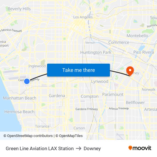 Green Line Aviation LAX Station to Downey map