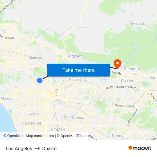 Los Angeles to Duarte map