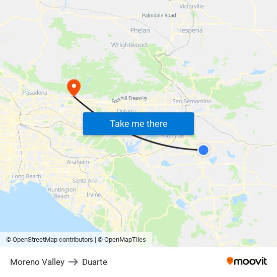 Moreno Valley to Duarte map