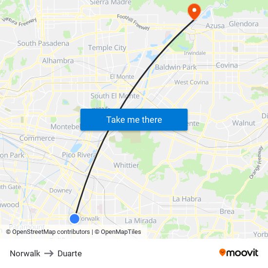 Norwalk to Duarte map