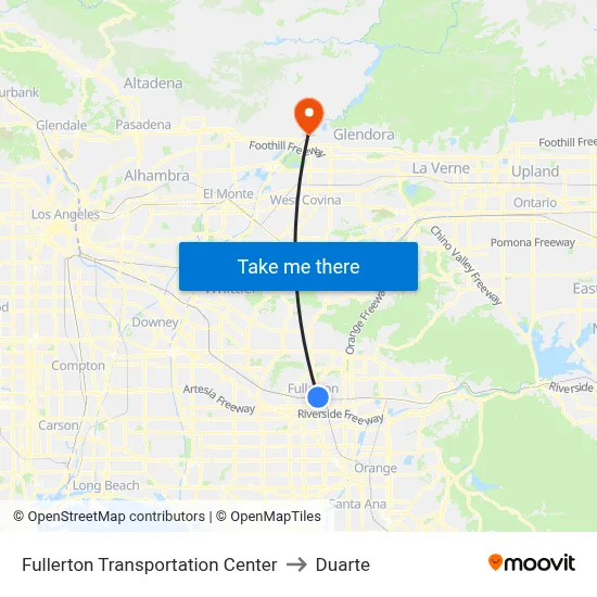 Fullerton Transportation Center to Duarte map